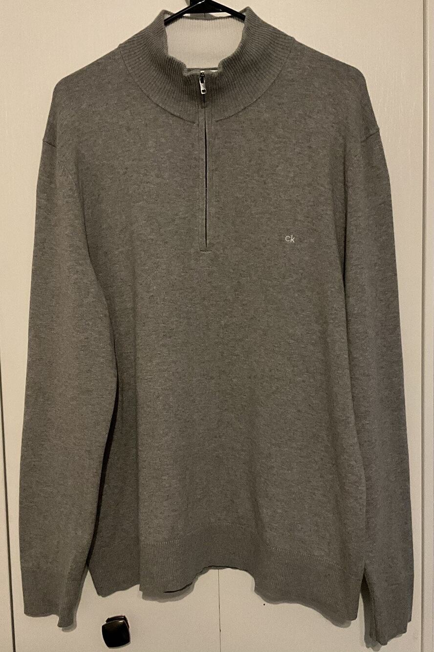 Calvin Klein Men's Size L Pullover Sweater Quarter Zip Knit Cotton Gray Classic